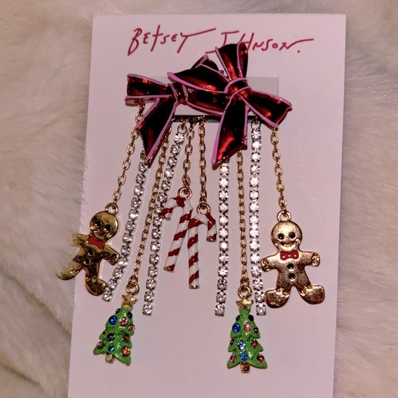 🎁New Betsey Johnson Christmas Holiday Dangle Earring Tree Gingerbread Red Bows - Picture 9 of 11